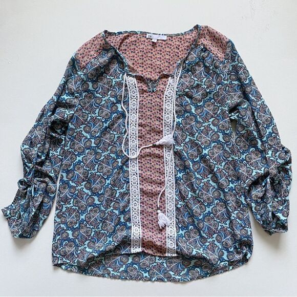 DR2 Daniel Rainn Blouse Top Women Floral Roll Tab Sleeves Tassel Ties Size M - Picture 1 of 10